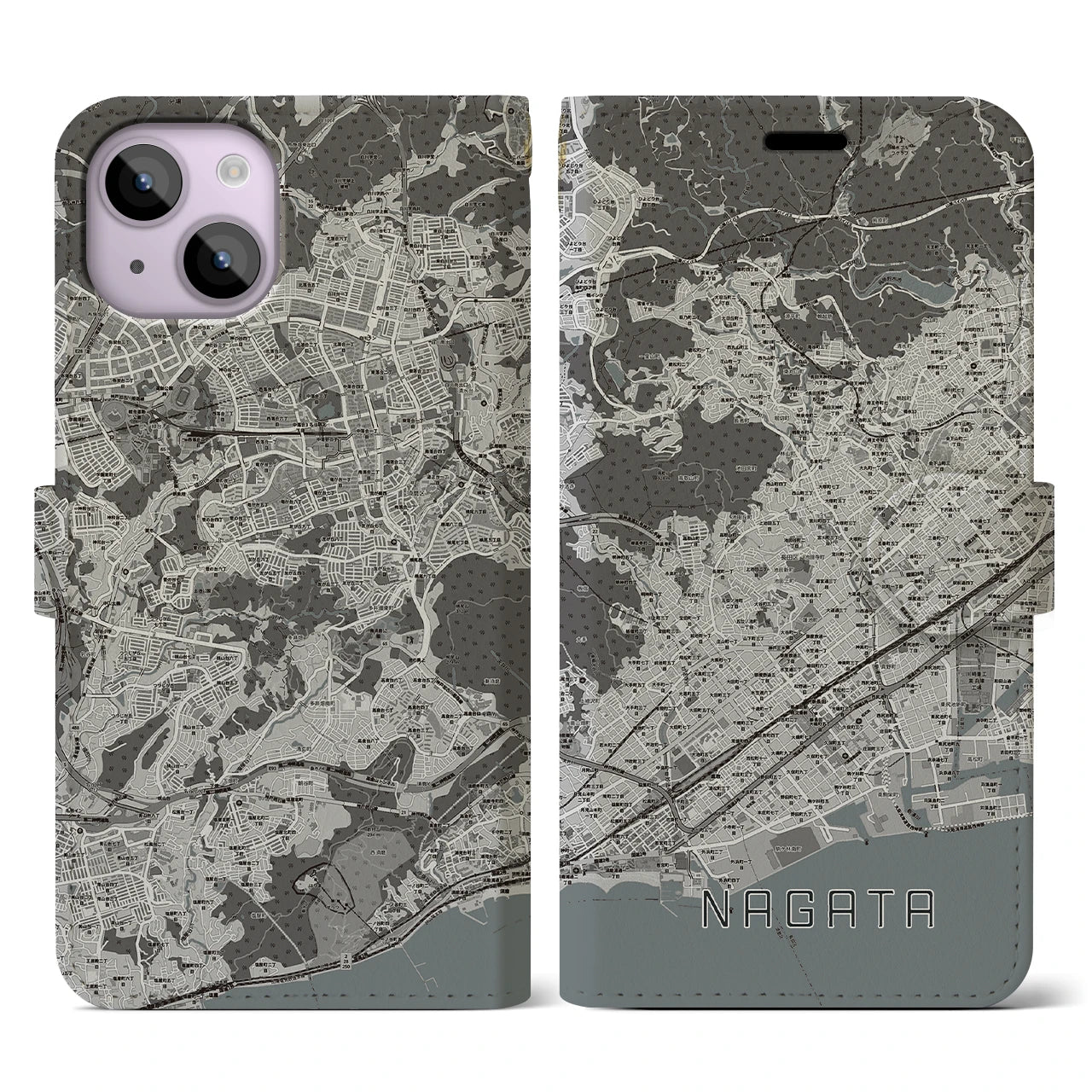 【長田(兵庫県)】地図柄iPhoneケース(手帳タイプ)モノトーン・iPhone 14 用