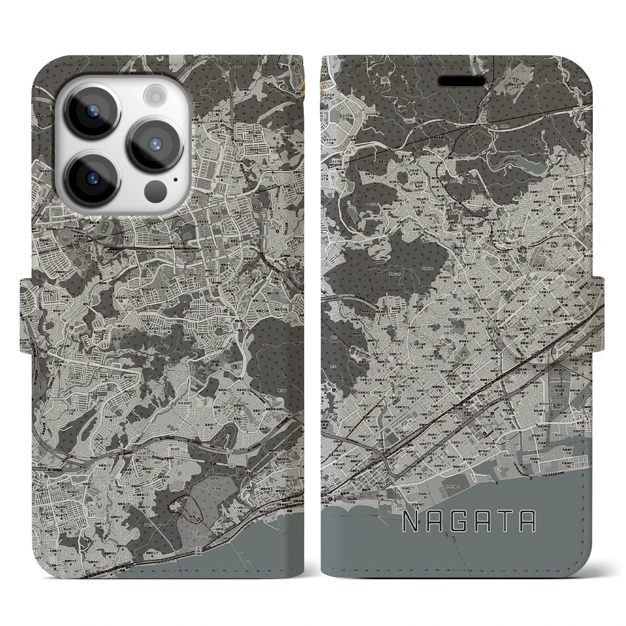 【長田(兵庫県)】地図柄iPhoneケース(手帳タイプ)モノトーン・iPhone 14 Pro 用