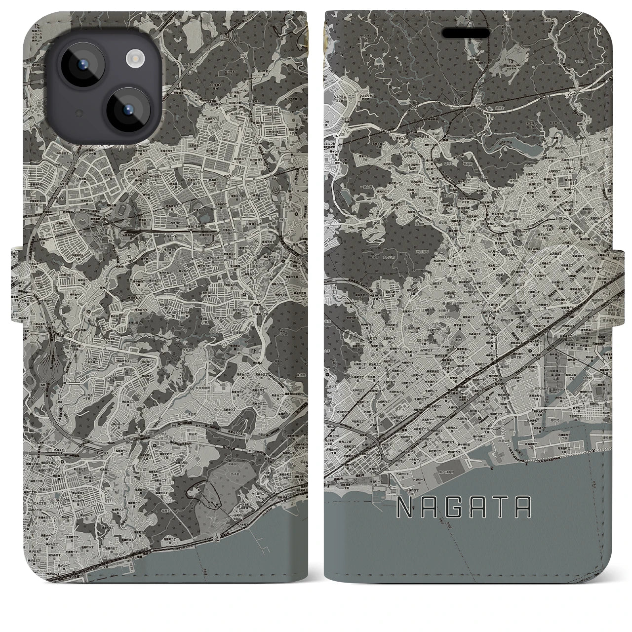 【長田(兵庫県)】地図柄iPhoneケース(手帳タイプ)モノトーン・iPhone 14 Plus 用