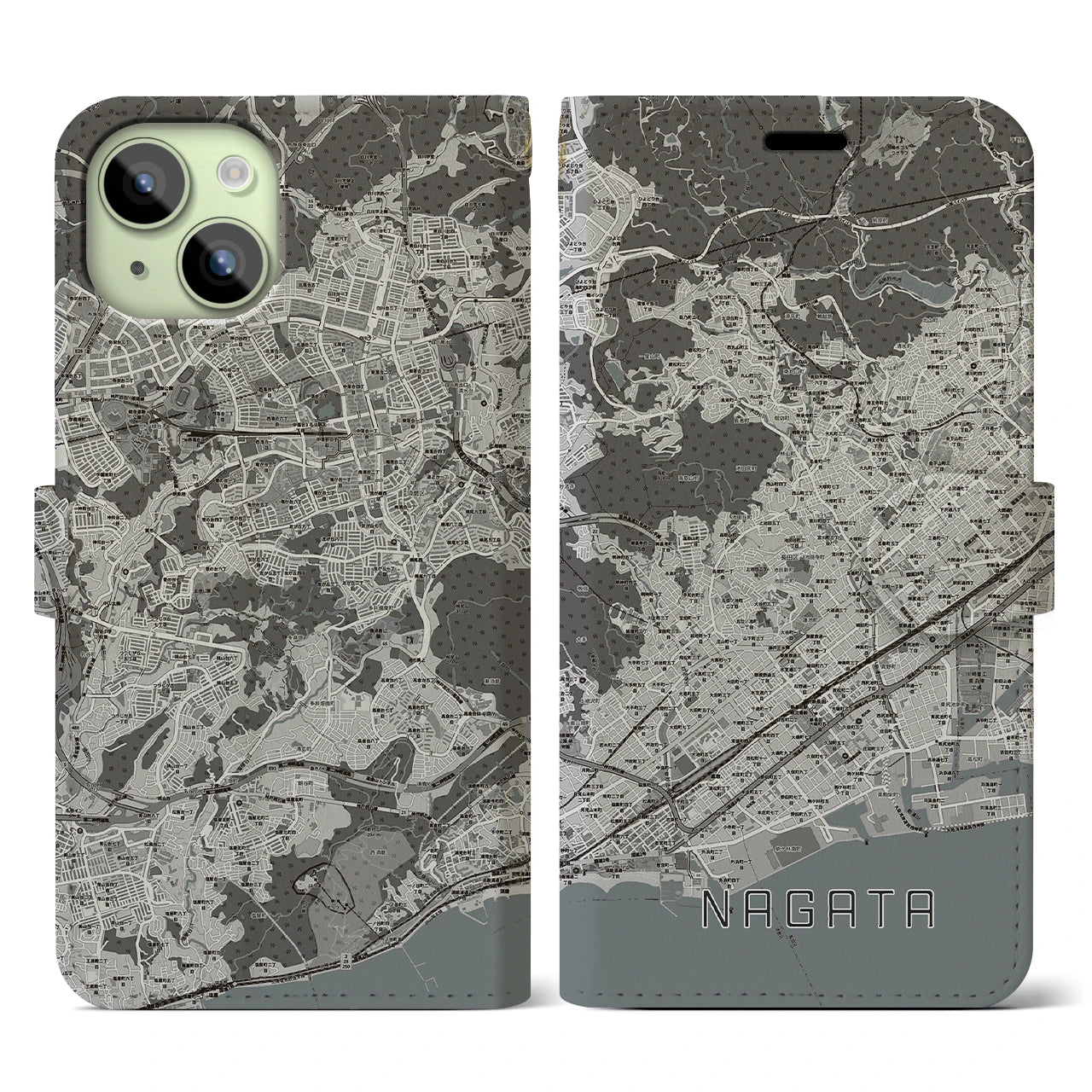 【長田(兵庫県)】地図柄iPhoneケース(手帳タイプ)モノトーン・iPhone 15 用