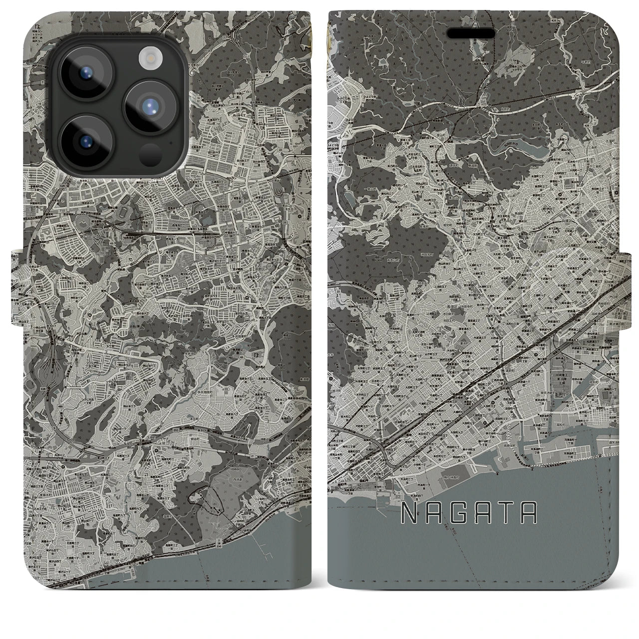 【長田(兵庫県)】地図柄iPhoneケース(手帳タイプ)モノトーン・iPhone 15 Pro Max 用