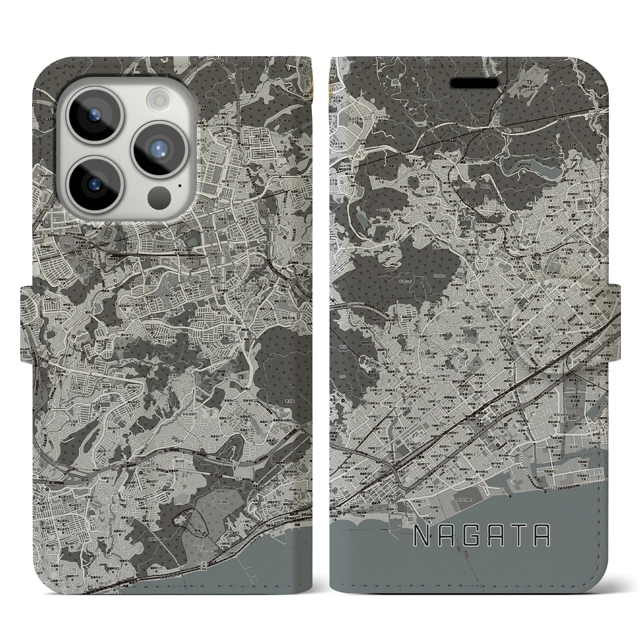 【長田(兵庫県)】地図柄iPhoneケース(手帳タイプ)モノトーン・iPhone 15 Pro 用