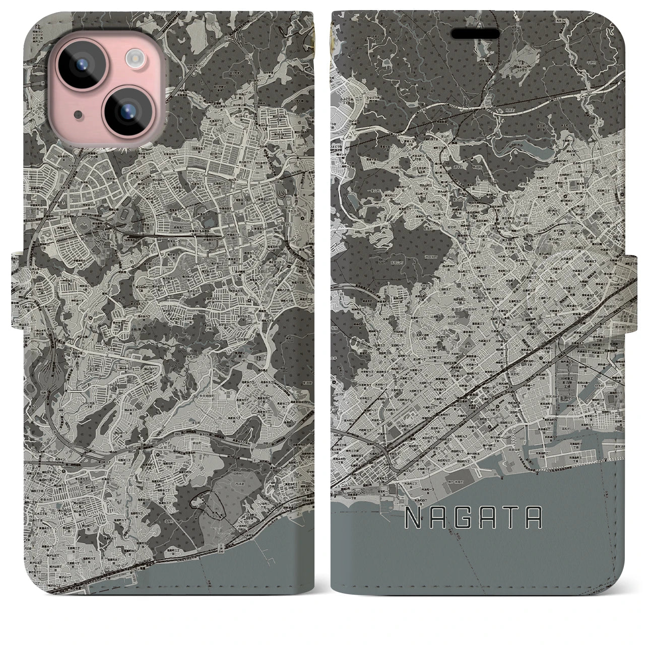 【長田(兵庫県)】地図柄iPhoneケース(手帳タイプ)モノトーン・iPhone 15 Plus 用