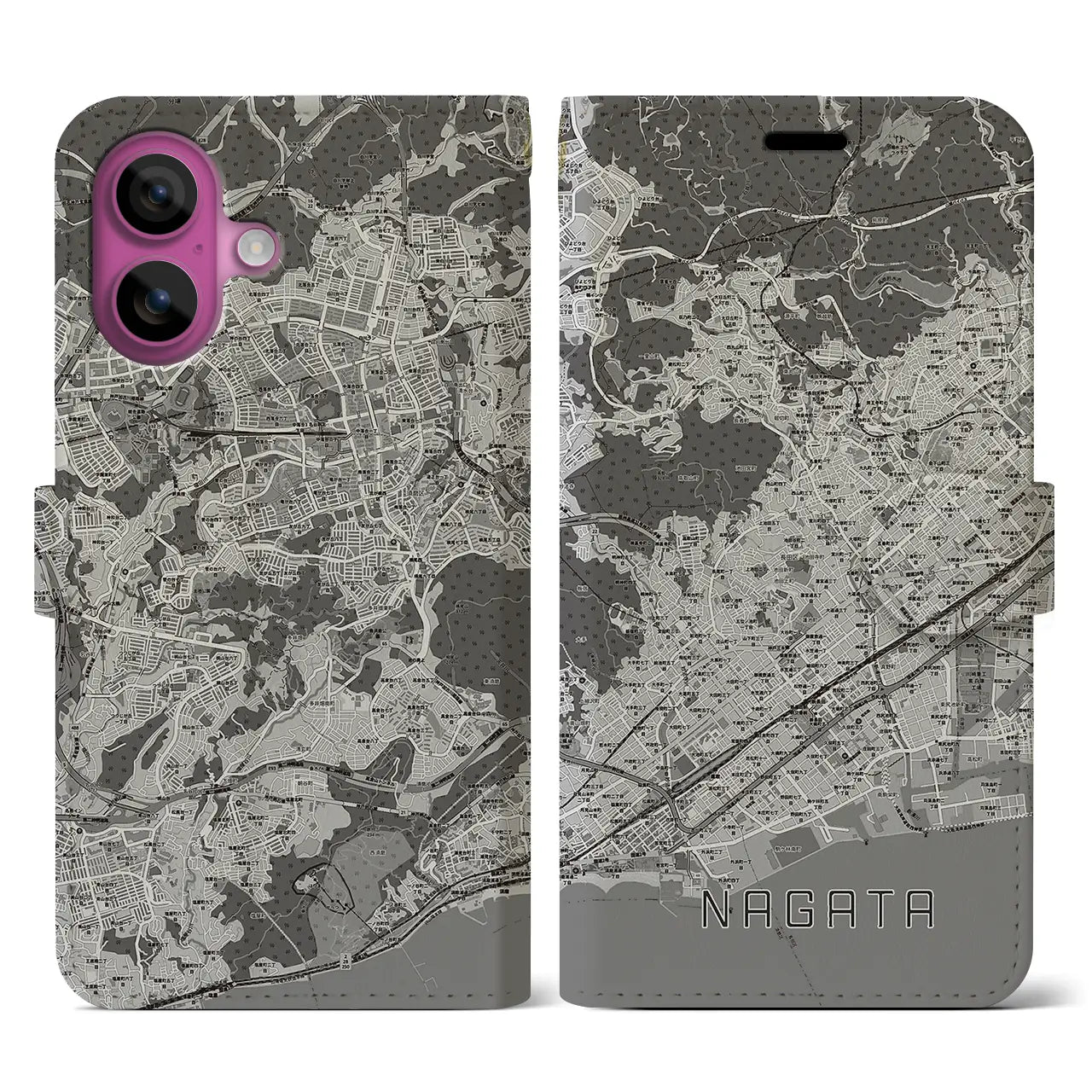 【長田(兵庫県)】地図柄iPhoneケース(手帳タイプ)モノトーン・iPhone 16 Pro 用