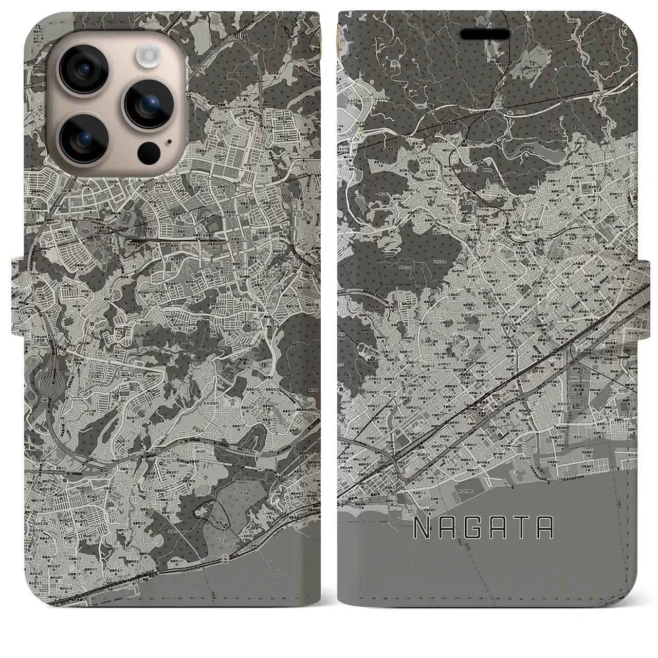 【長田(兵庫県)】地図柄iPhoneケース(手帳タイプ)モノトーン・iPhone 16 Plus 用