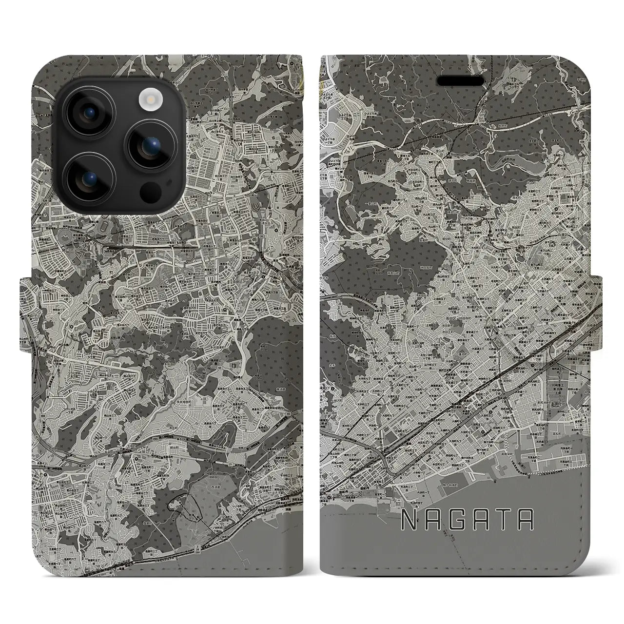 【長田(兵庫県)】地図柄iPhoneケース(手帳タイプ)モノトーン・iPhone 16 用