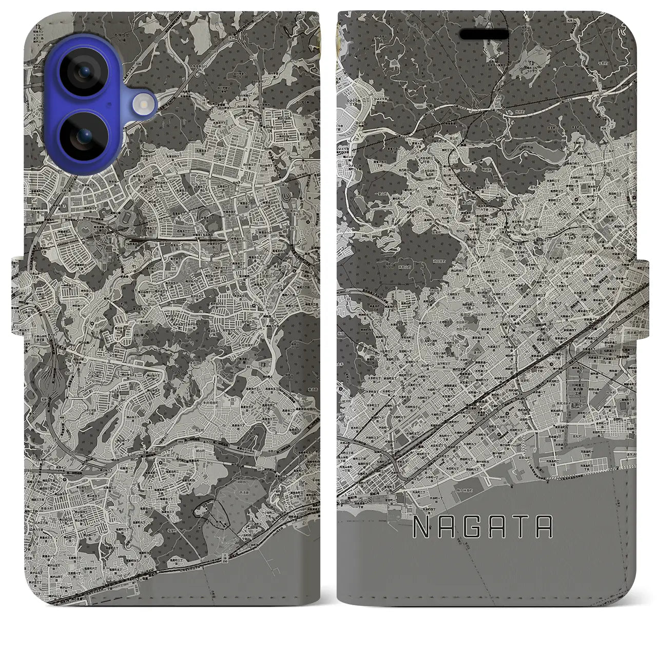 【長田(兵庫県)】地図柄iPhoneケース(手帳タイプ)モノトーン・iPhone 16 Pro Max 用