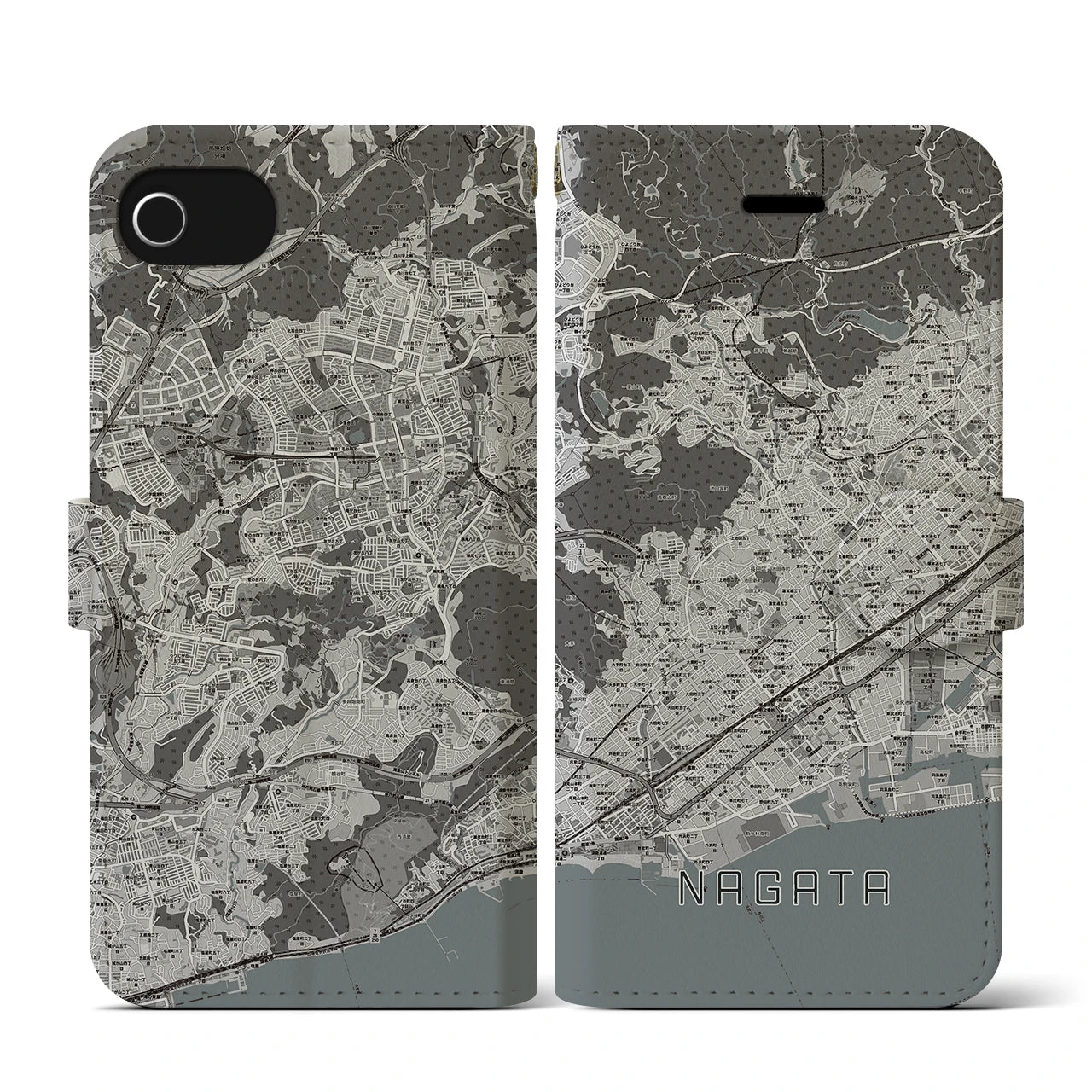 【長田(兵庫県)】地図柄iPhoneケース(手帳タイプ)モノトーン・iPhone SE(第3 / 第2世代) / 8 / 7 / 6s / 6 用