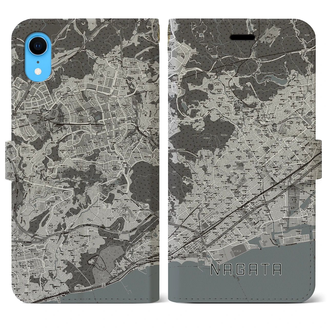 【長田(兵庫県)】地図柄iPhoneケース(手帳タイプ)モノトーン・iPhone XR 用