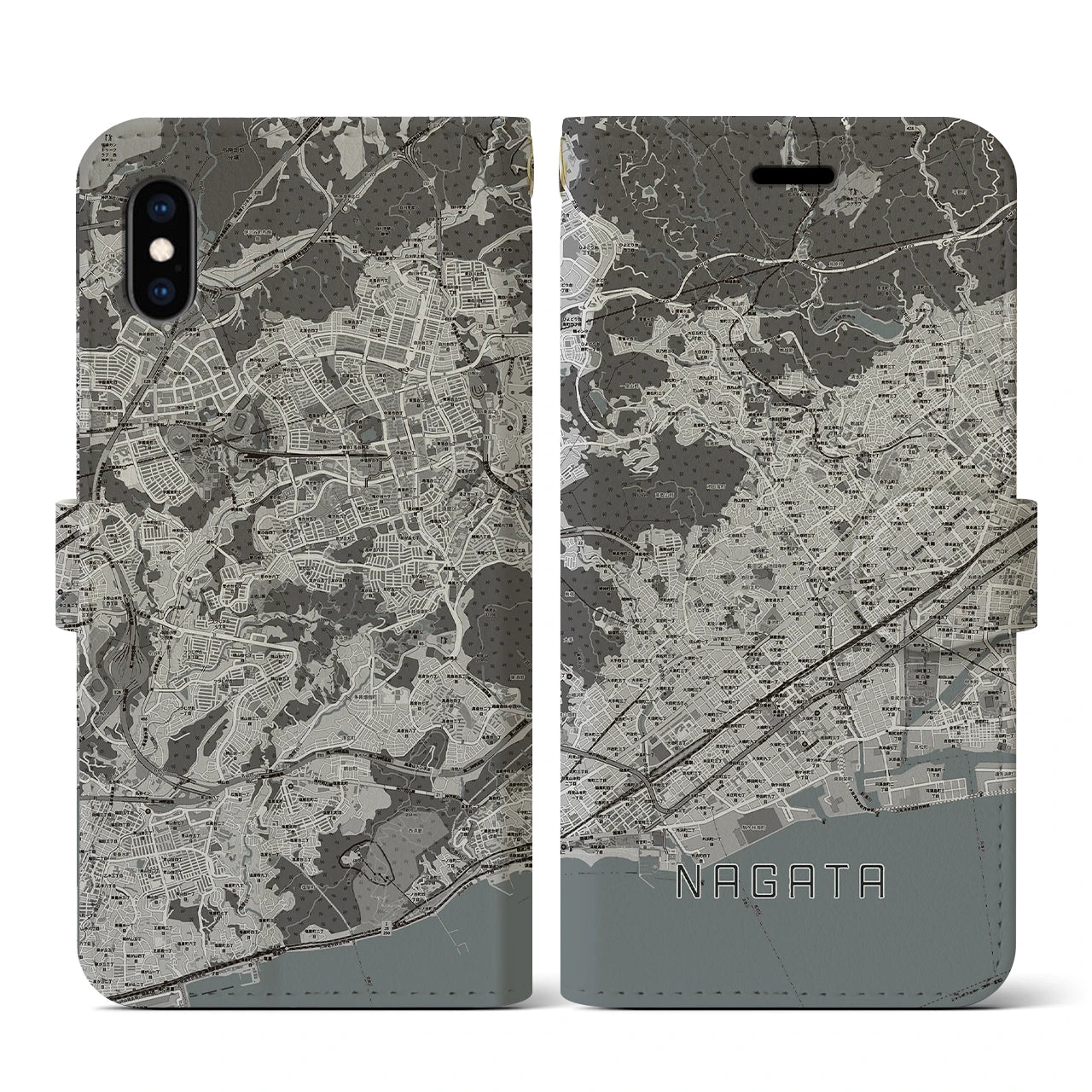 【長田(兵庫県)】地図柄iPhoneケース(手帳タイプ)モノトーン・iPhone XS / X 用