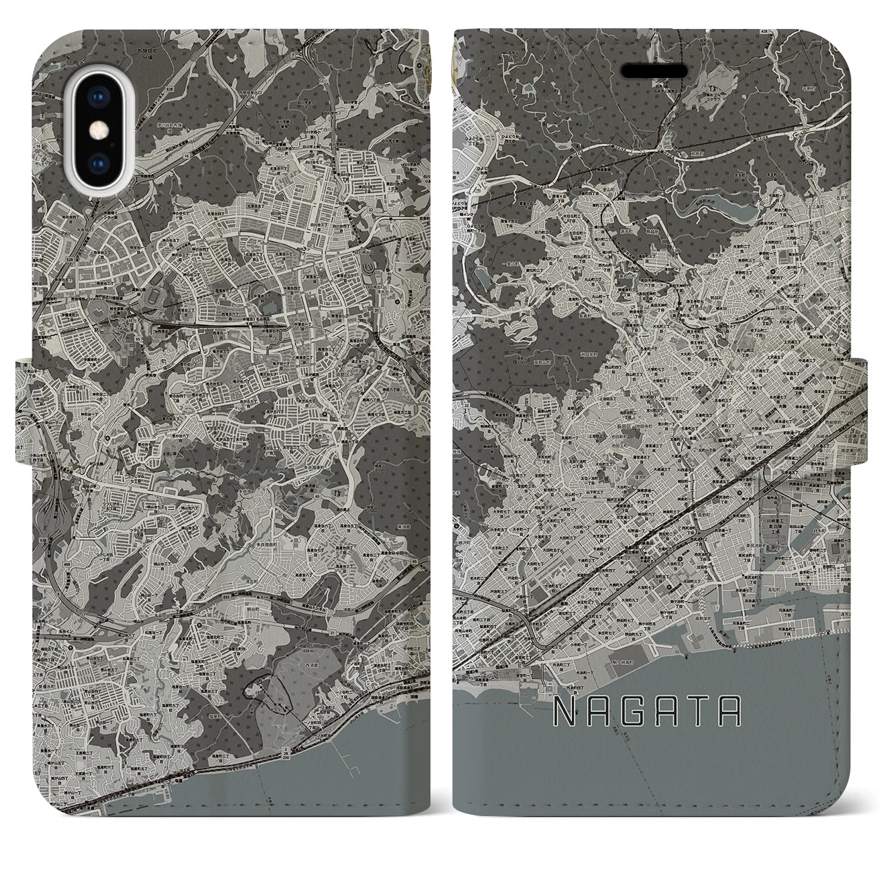 【長田(兵庫県)】地図柄iPhoneケース(手帳タイプ)モノトーン・iPhone XS Max 用