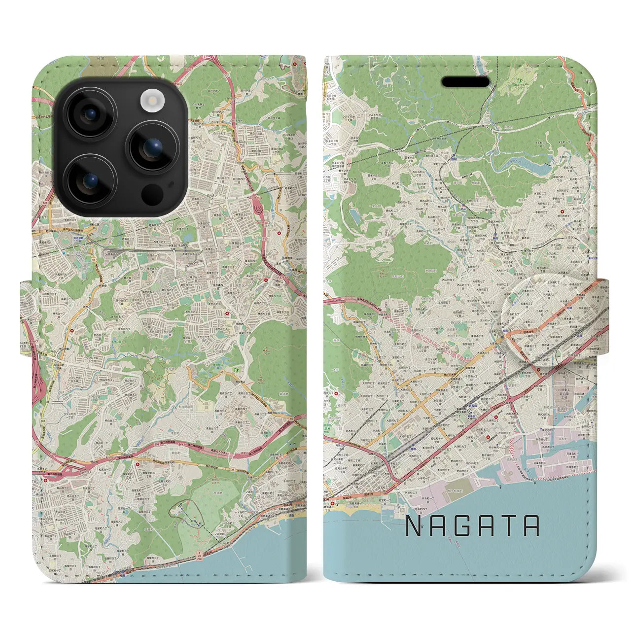 【長田(兵庫県)】地図柄iPhoneケース(手帳タイプ)ナチュラル・iPhone 16 用