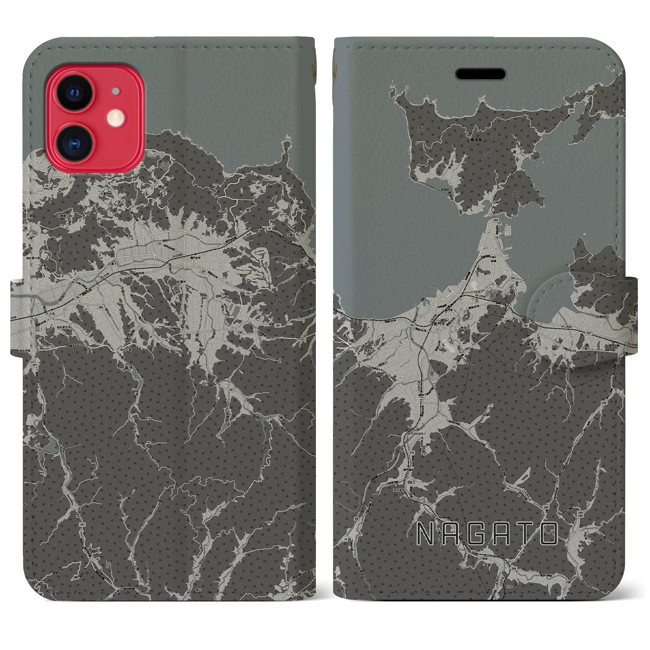 【長門(山口県)】地図柄iPhoneケース(手帳タイプ)モノトーン・iPhone 11 用