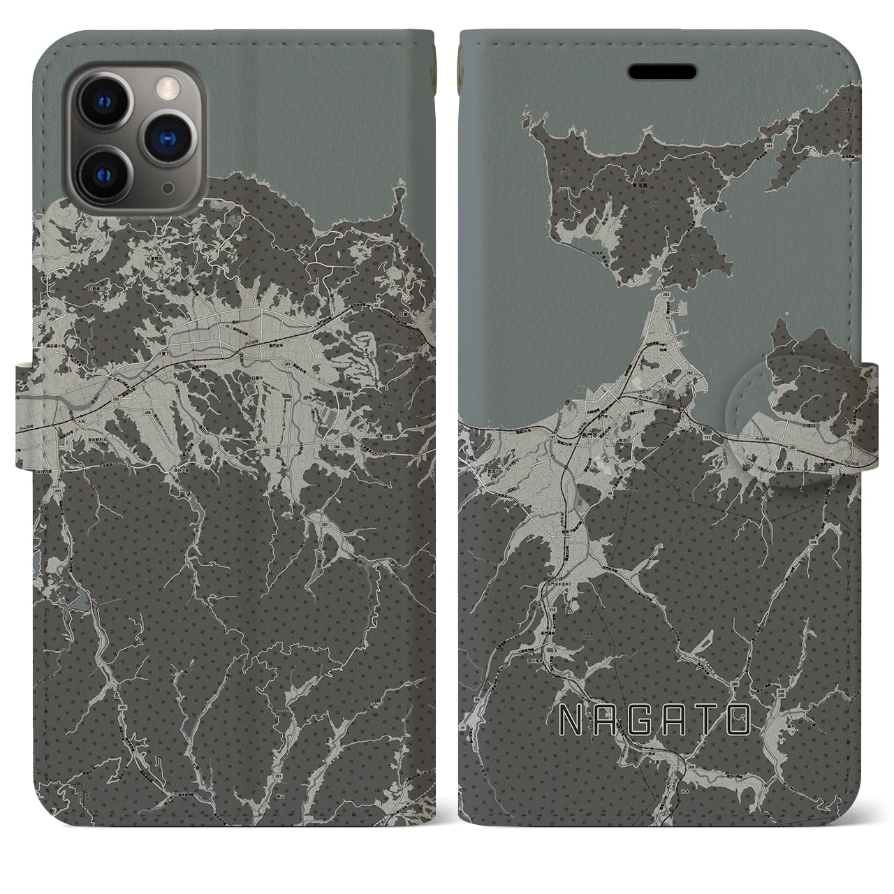 【長門(山口県)】地図柄iPhoneケース(手帳タイプ)モノトーン・iPhone 11 Pro Max 用