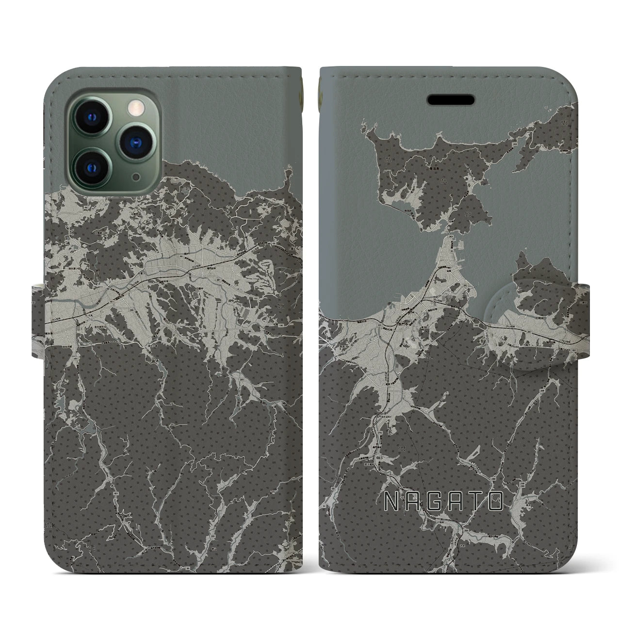 【長門(山口県)】地図柄iPhoneケース(手帳タイプ)モノトーン・iPhone 11 Pro 用