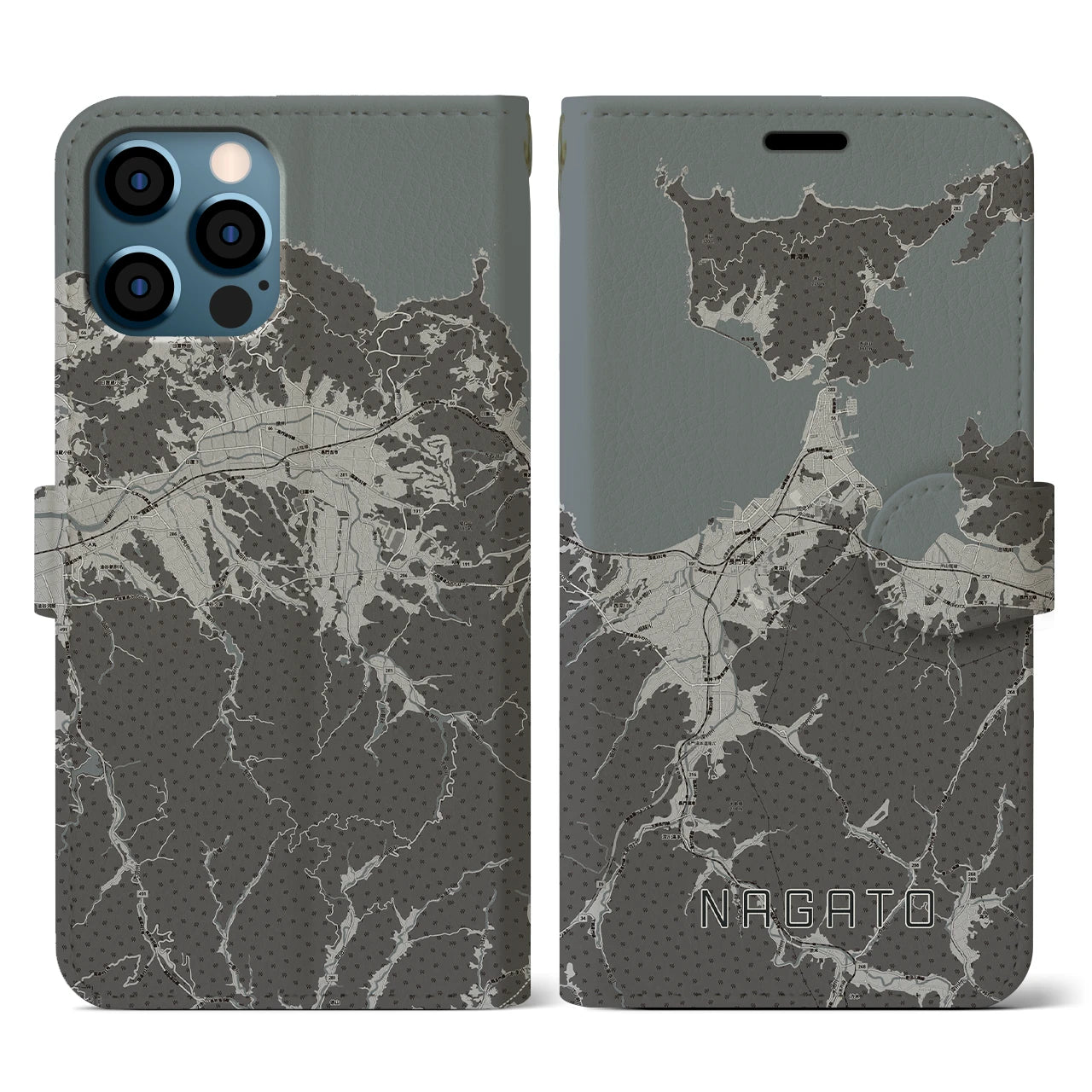 【長門(山口県)】地図柄iPhoneケース(手帳タイプ)モノトーン・iPhone 12 / 12 Pro 用