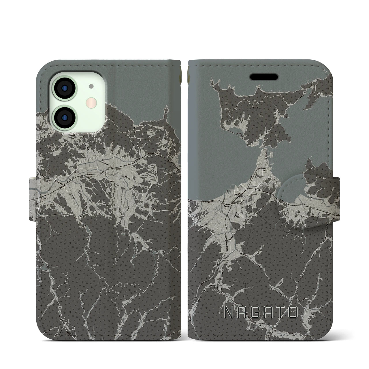 【長門(山口県)】地図柄iPhoneケース(手帳タイプ)モノトーン・iPhone 12 mini 用