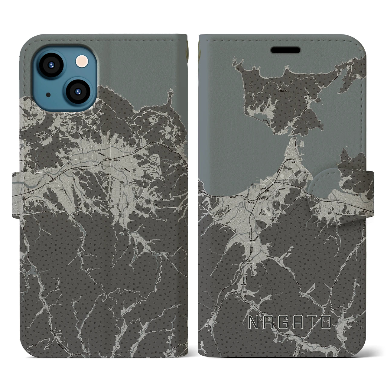 【長門(山口県)】地図柄iPhoneケース(手帳タイプ)モノトーン・iPhone 13 用