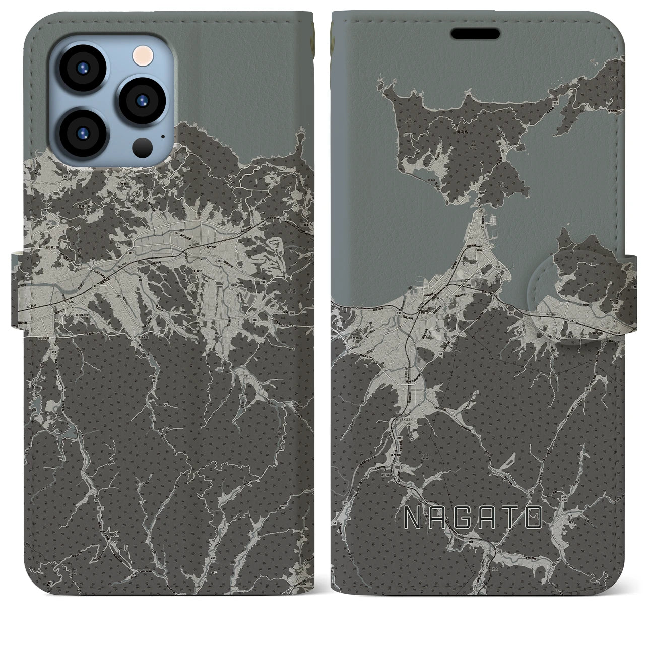 【長門(山口県)】地図柄iPhoneケース(手帳タイプ)モノトーン・iPhone 13 Pro Max 用