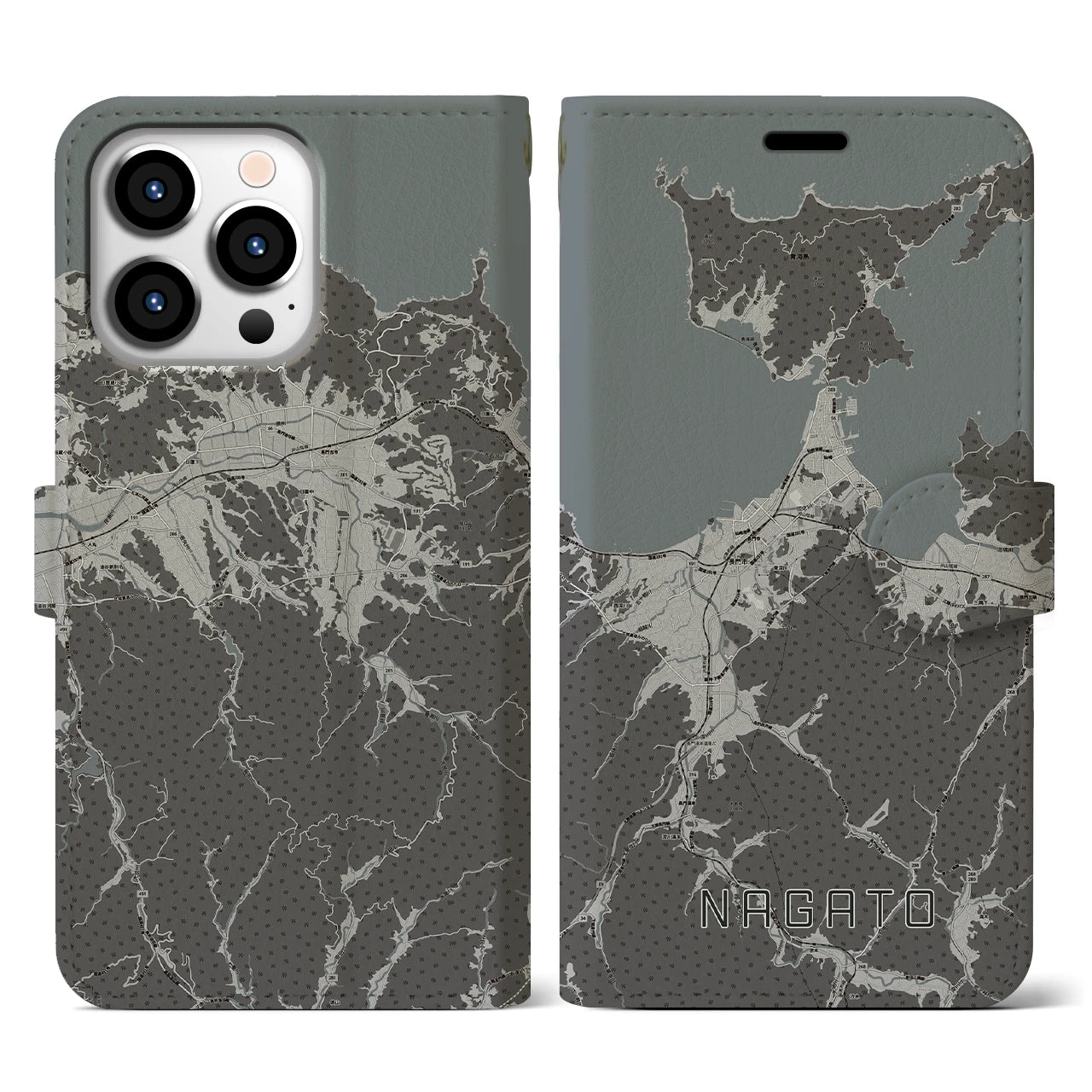 【長門(山口県)】地図柄iPhoneケース(手帳タイプ)モノトーン・iPhone 13 Pro 用