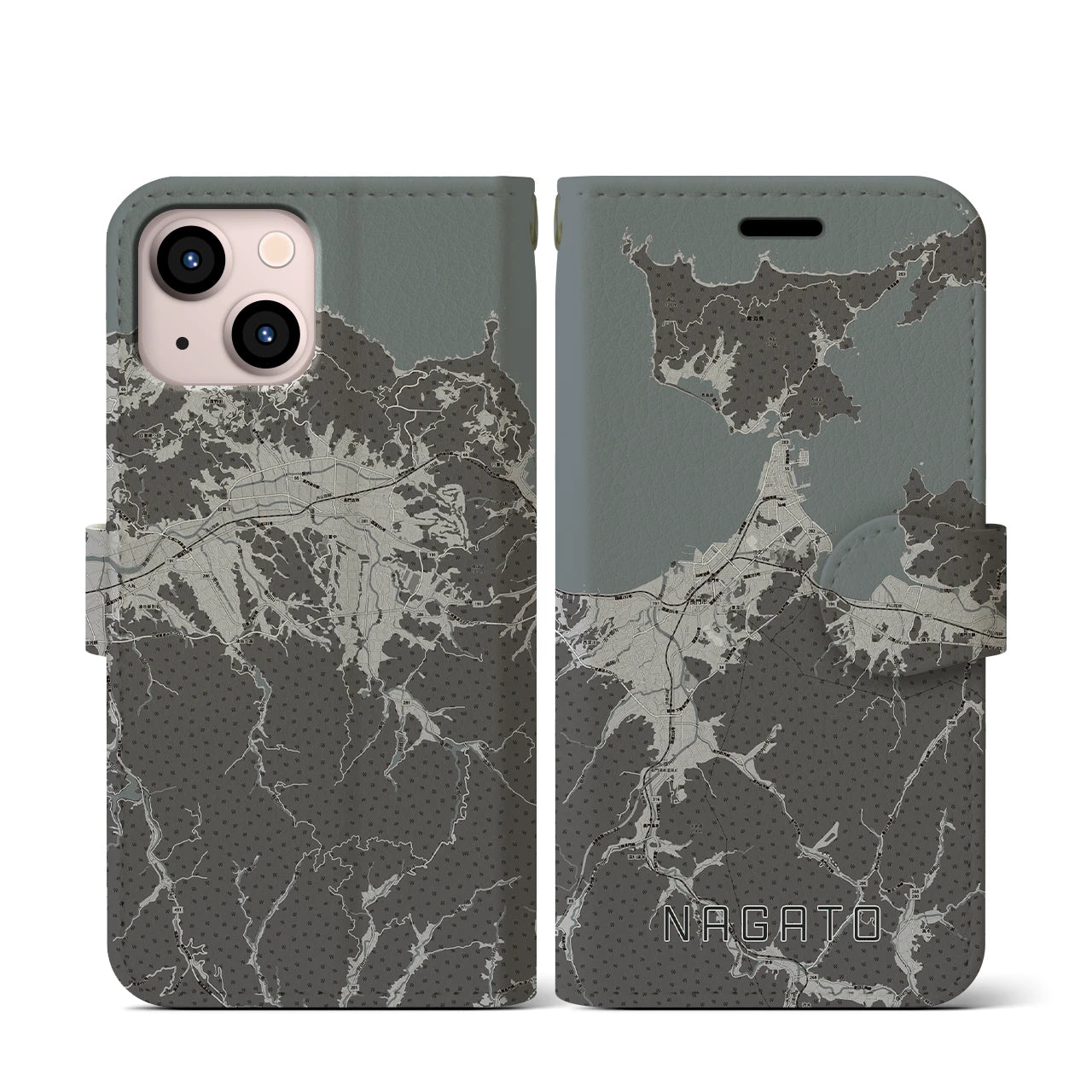 【長門(山口県)】地図柄iPhoneケース(手帳タイプ)モノトーン・iPhone 13 mini 用