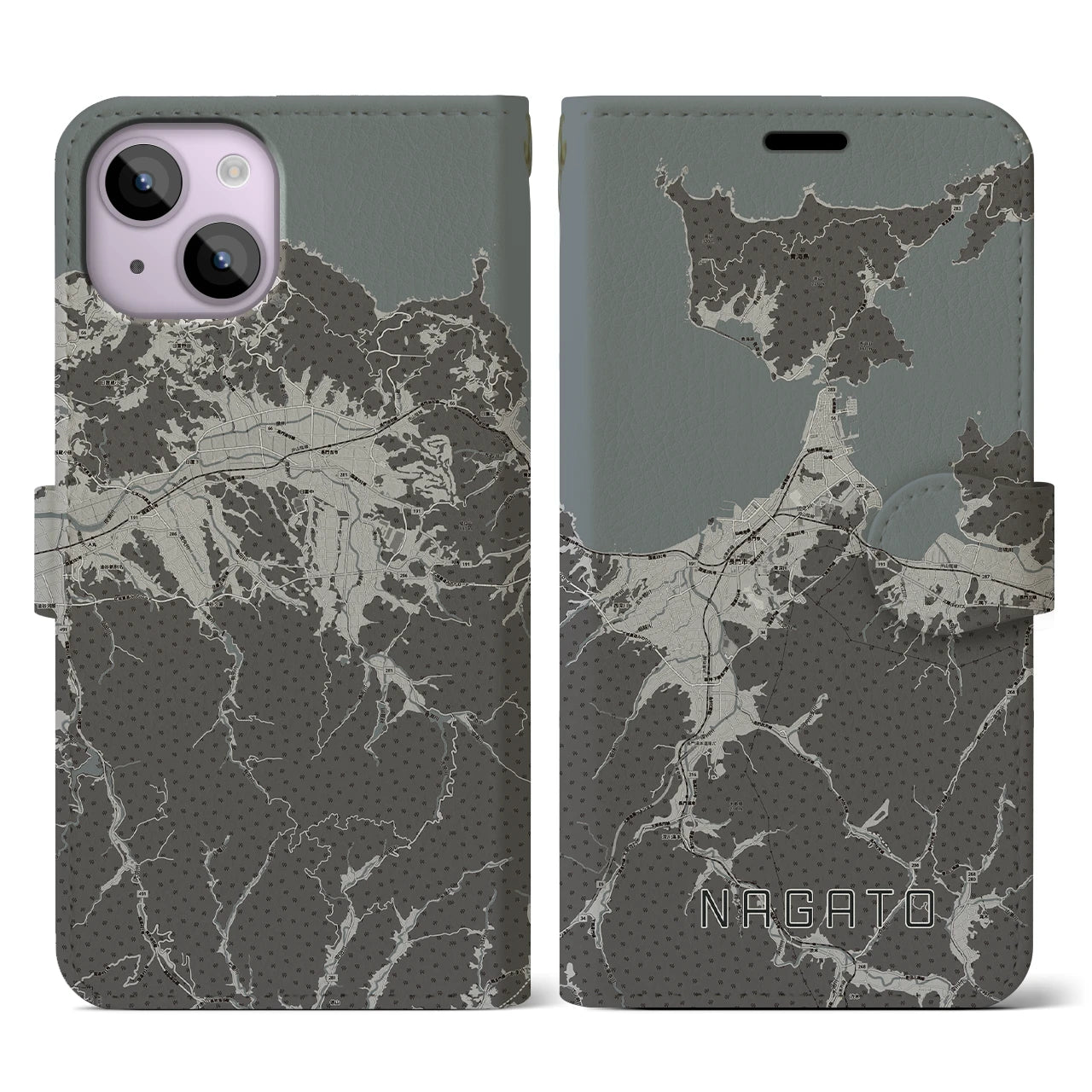 【長門(山口県)】地図柄iPhoneケース(手帳タイプ)モノトーン・iPhone 14 用