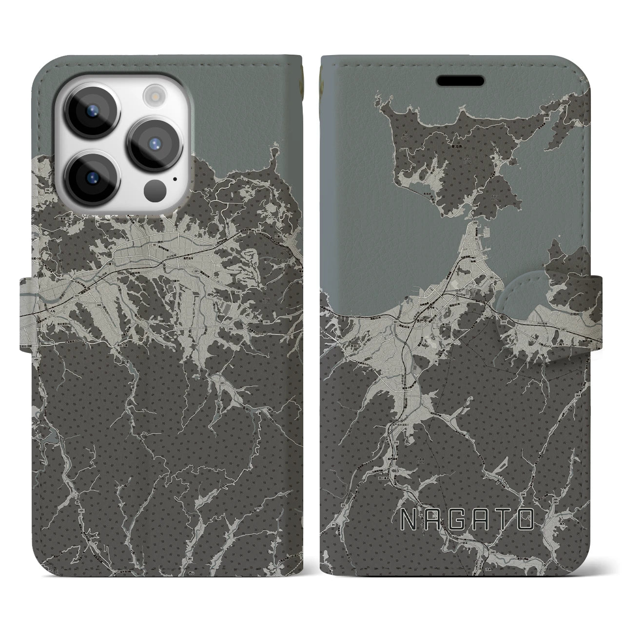 【長門(山口県)】地図柄iPhoneケース(手帳タイプ)モノトーン・iPhone 14 Pro 用