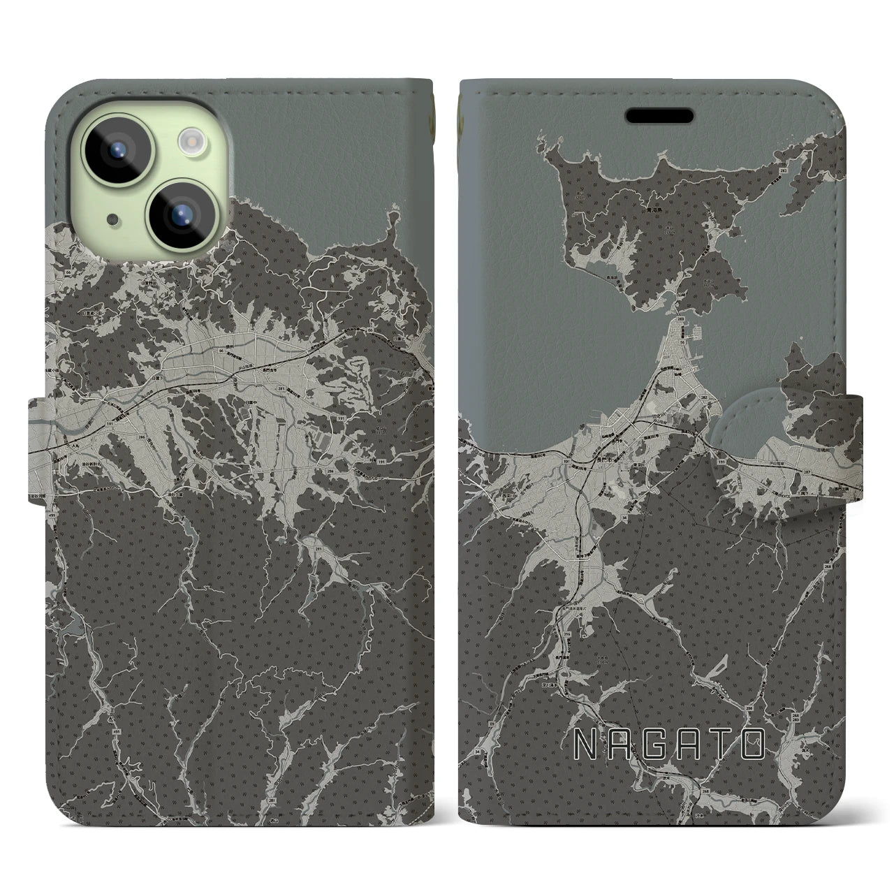 【長門(山口県)】地図柄iPhoneケース(手帳タイプ)モノトーン・iPhone 15 用