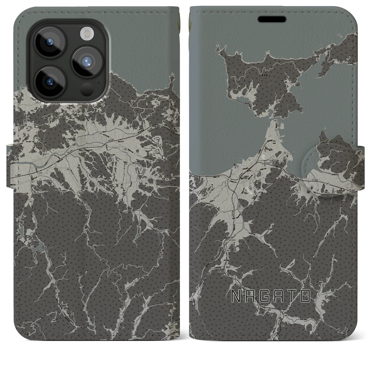 【長門(山口県)】地図柄iPhoneケース(手帳タイプ)モノトーン・iPhone 15 Pro Max 用
