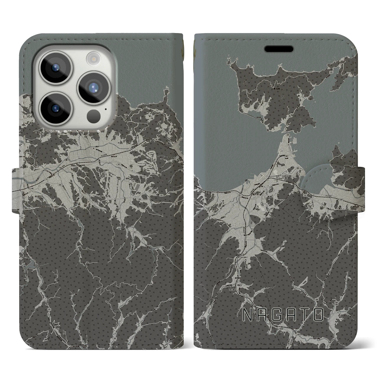 【長門(山口県)】地図柄iPhoneケース(手帳タイプ)モノトーン・iPhone 15 Pro 用