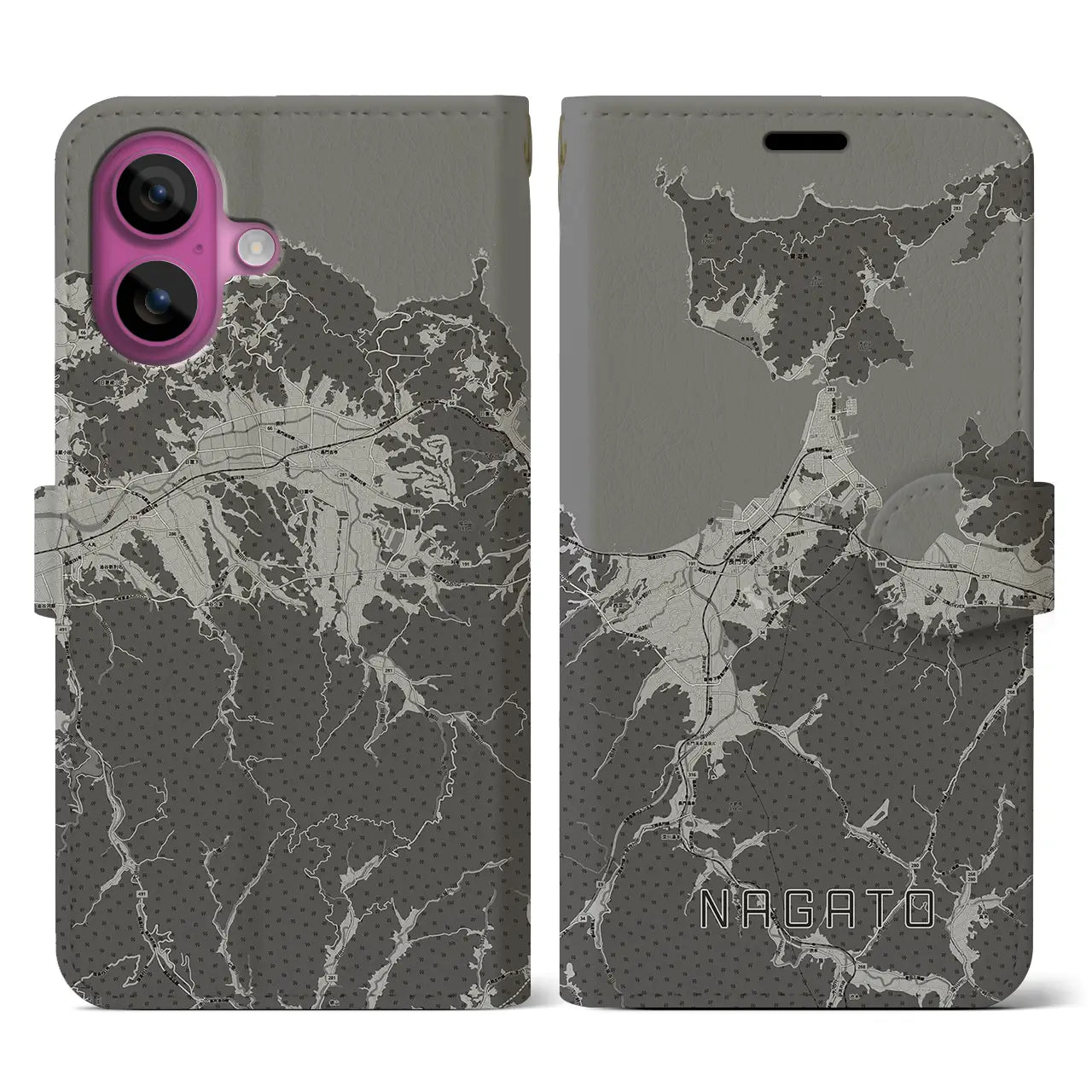 【長門(山口県)】地図柄iPhoneケース(手帳タイプ)モノトーン・iPhone 16 Pro 用