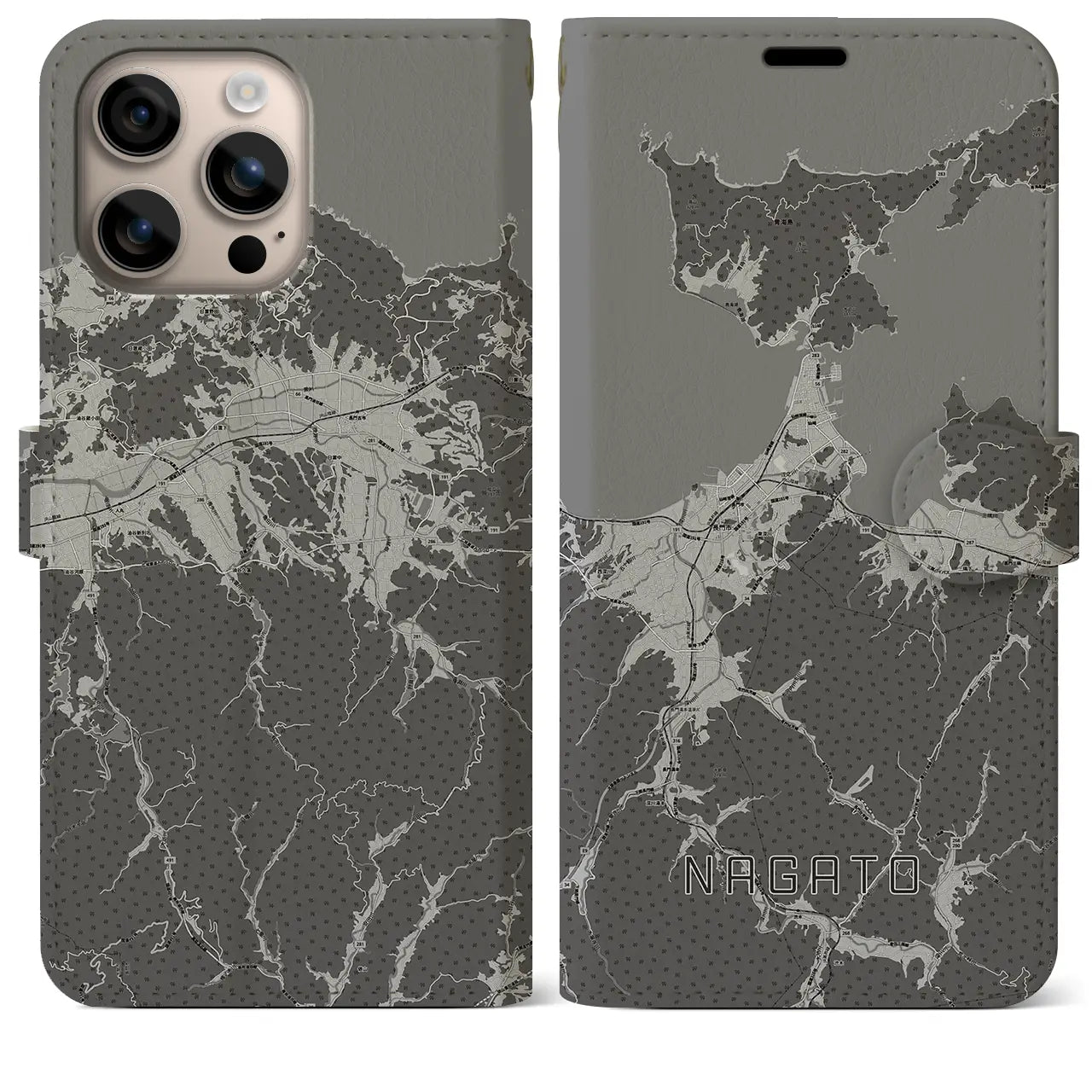 【長門(山口県)】地図柄iPhoneケース(手帳タイプ)モノトーン・iPhone 16 Plus 用