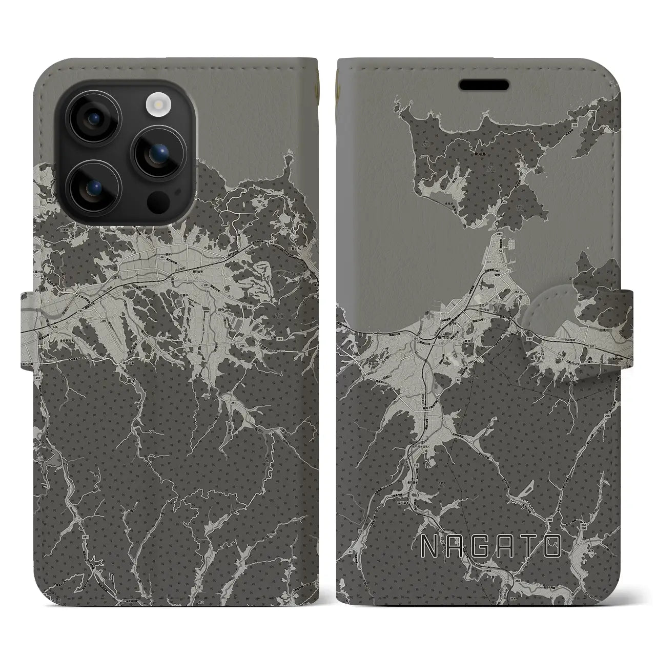 【長門(山口県)】地図柄iPhoneケース(手帳タイプ)モノトーン・iPhone 16 用