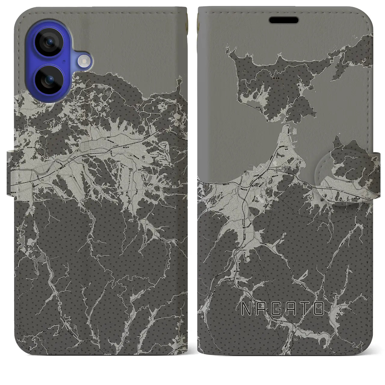 【長門(山口県)】地図柄iPhoneケース(手帳タイプ)モノトーン・iPhone 16 Pro Max 用