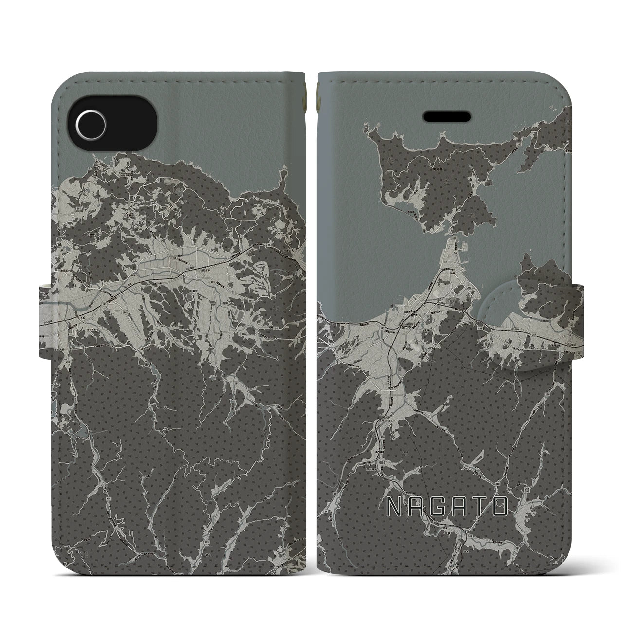 【長門(山口県)】地図柄iPhoneケース(手帳タイプ)モノトーン・iPhone SE(第3 / 第2世代) / 8 / 7 / 6s / 6 用