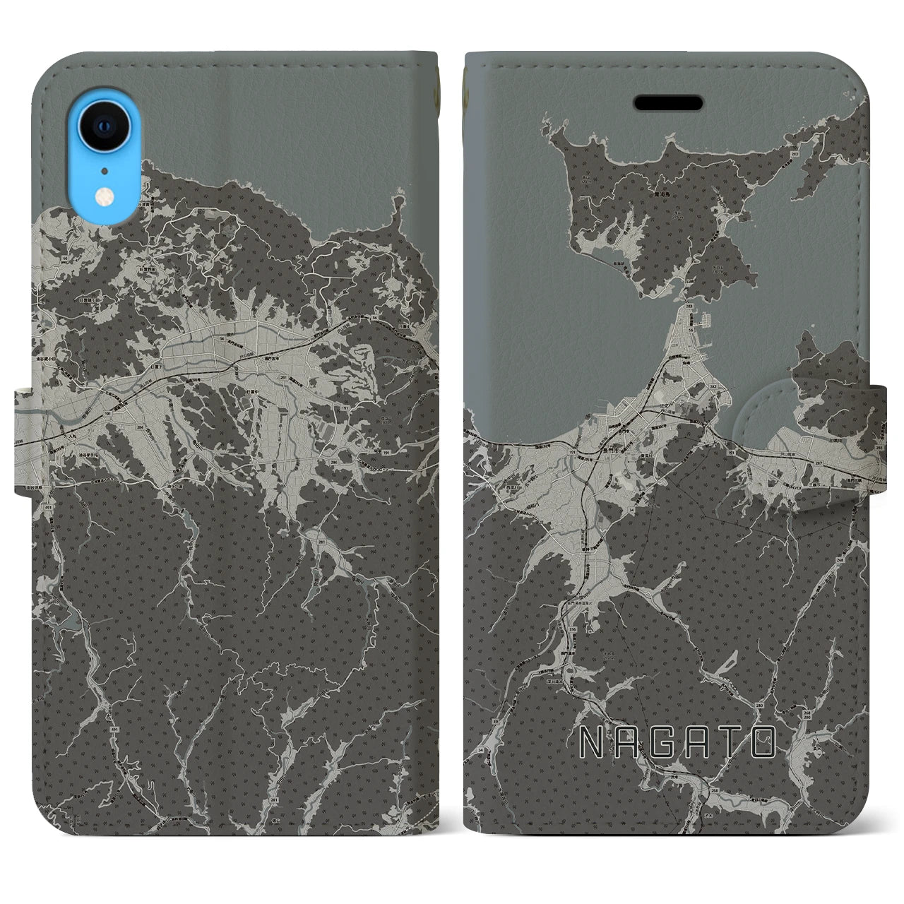 【長門(山口県)】地図柄iPhoneケース(手帳タイプ)モノトーン・iPhone XR 用