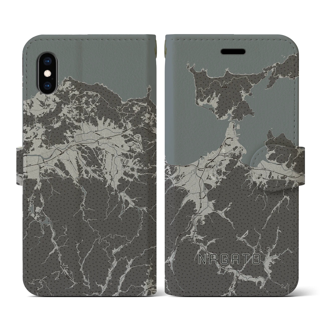 【長門(山口県)】地図柄iPhoneケース(手帳タイプ)モノトーン・iPhone XS / X 用