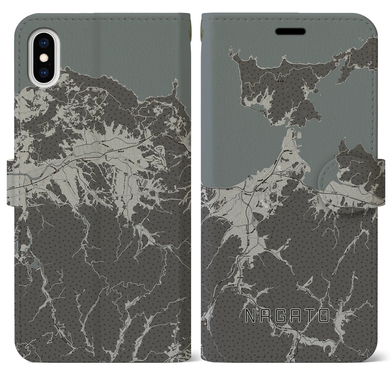 【長門(山口県)】地図柄iPhoneケース(手帳タイプ)モノトーン・iPhone XS Max 用