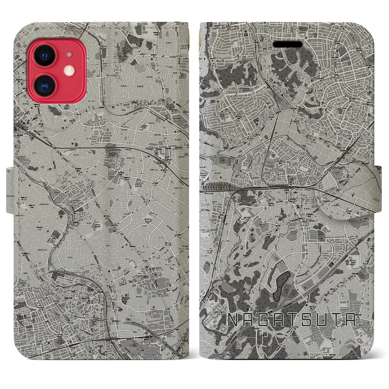 【長津田(神奈川県)】地図柄iPhoneケース(手帳タイプ)モノトーン・iPhone 11 用