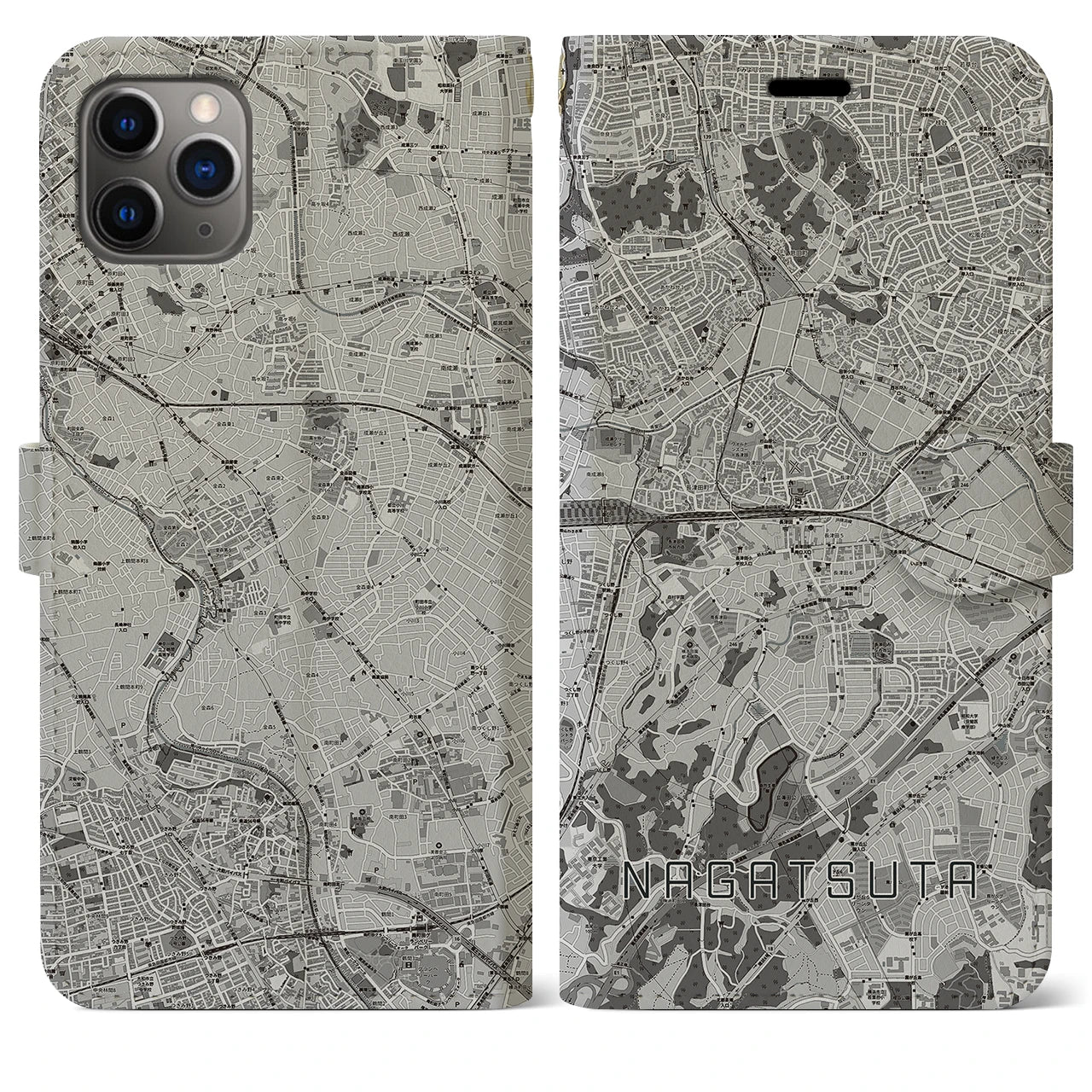 【長津田(神奈川県)】地図柄iPhoneケース(手帳タイプ)モノトーン・iPhone 11 Pro Max 用