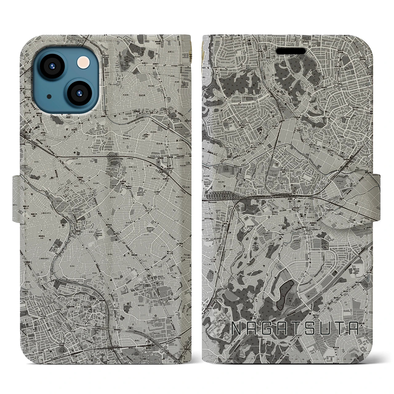 【長津田(神奈川県)】地図柄iPhoneケース(手帳タイプ)モノトーン・iPhone 13 用