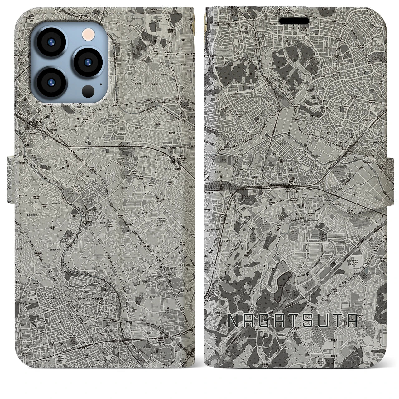 【長津田(神奈川県)】地図柄iPhoneケース(手帳タイプ)モノトーン・iPhone 13 Pro Max 用