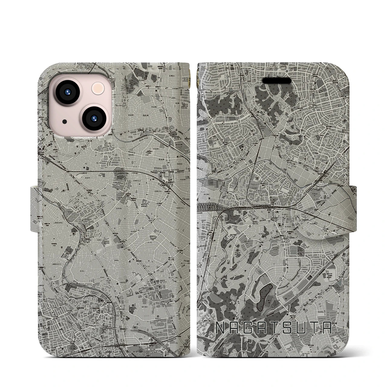 【長津田(神奈川県)】地図柄iPhoneケース(手帳タイプ)モノトーン・iPhone 13 mini 用