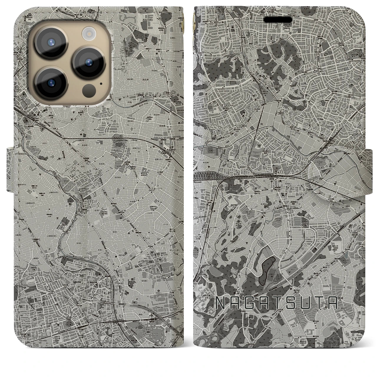 【長津田(神奈川県)】地図柄iPhoneケース(手帳タイプ)モノトーン・iPhone 14 Pro Max 用