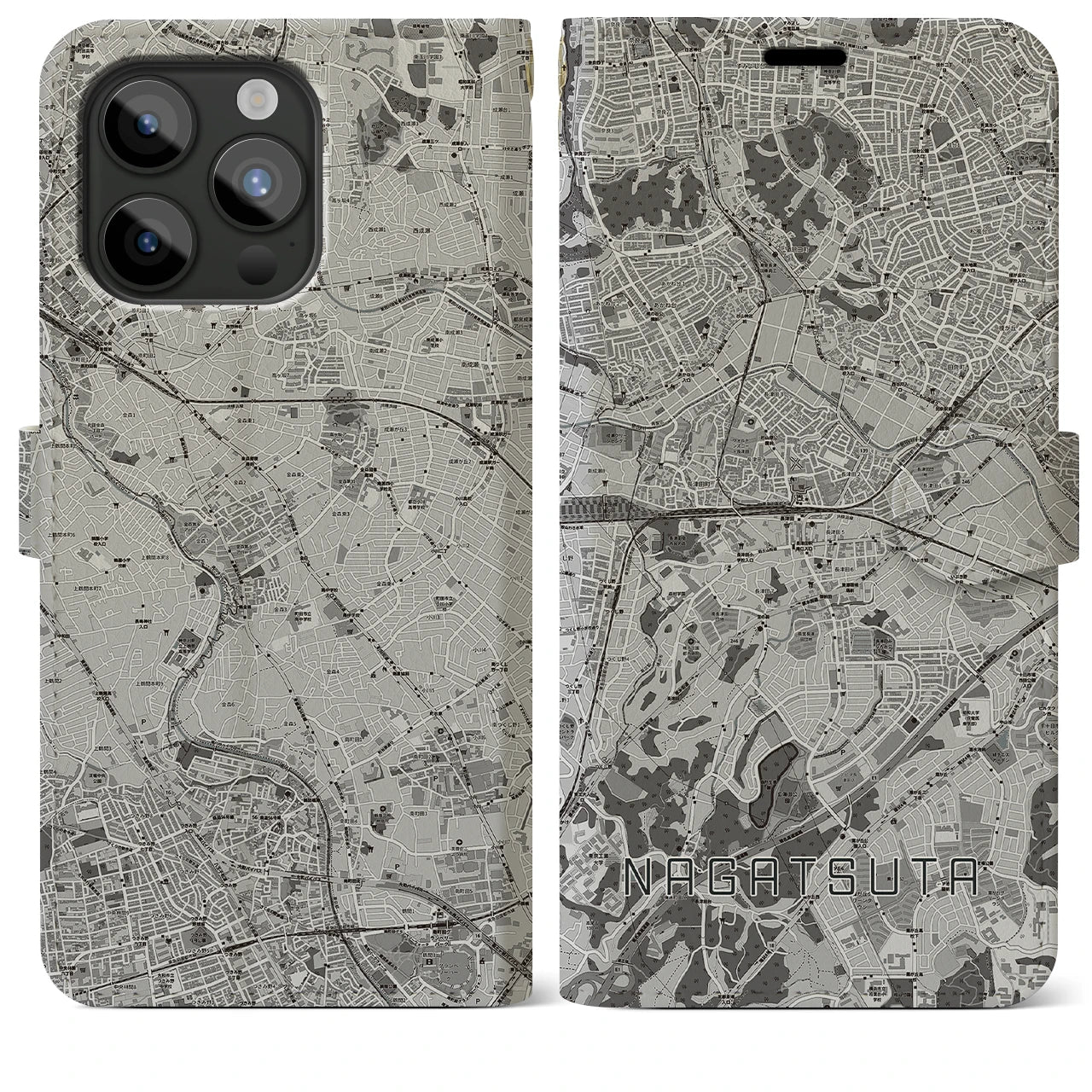 【長津田(神奈川県)】地図柄iPhoneケース(手帳タイプ)モノトーン・iPhone 15 Pro Max 用