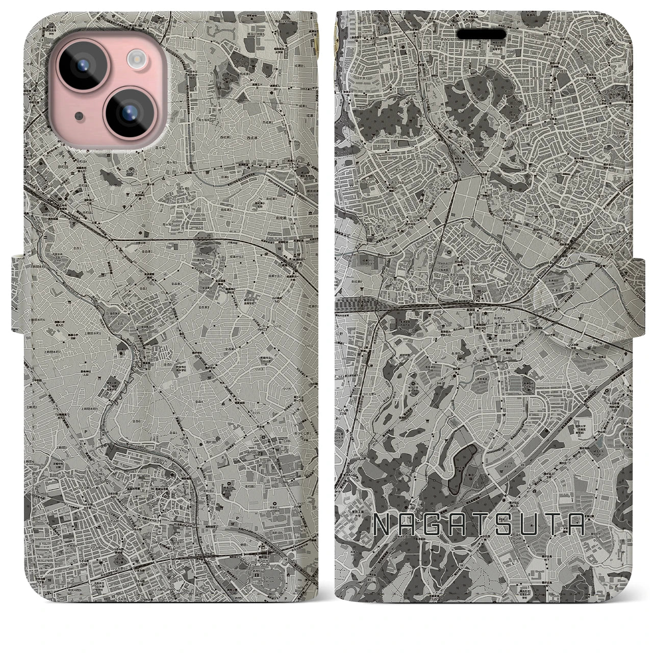 【長津田(神奈川県)】地図柄iPhoneケース(手帳タイプ)モノトーン・iPhone 15 Plus 用