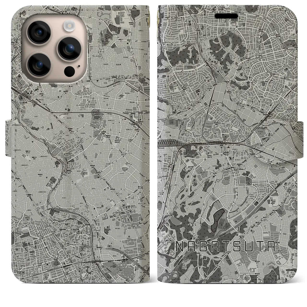 【長津田(神奈川県)】地図柄iPhoneケース(手帳タイプ)モノトーン・iPhone 16 Plus 用