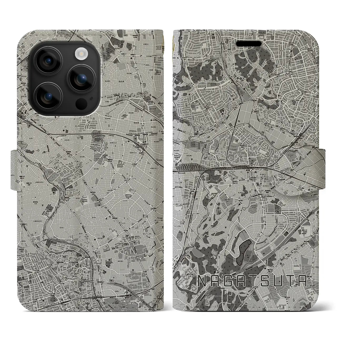 【長津田(神奈川県)】地図柄iPhoneケース(手帳タイプ)モノトーン・iPhone 16 用