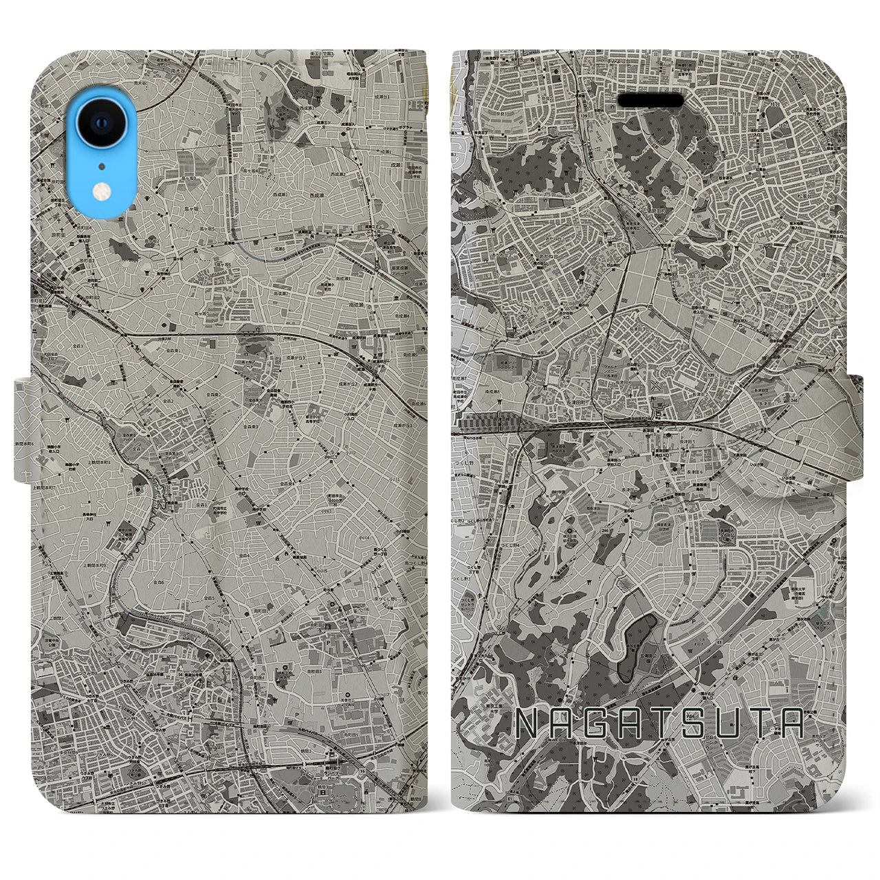 【長津田(神奈川県)】地図柄iPhoneケース(手帳タイプ)モノトーン・iPhone XR 用