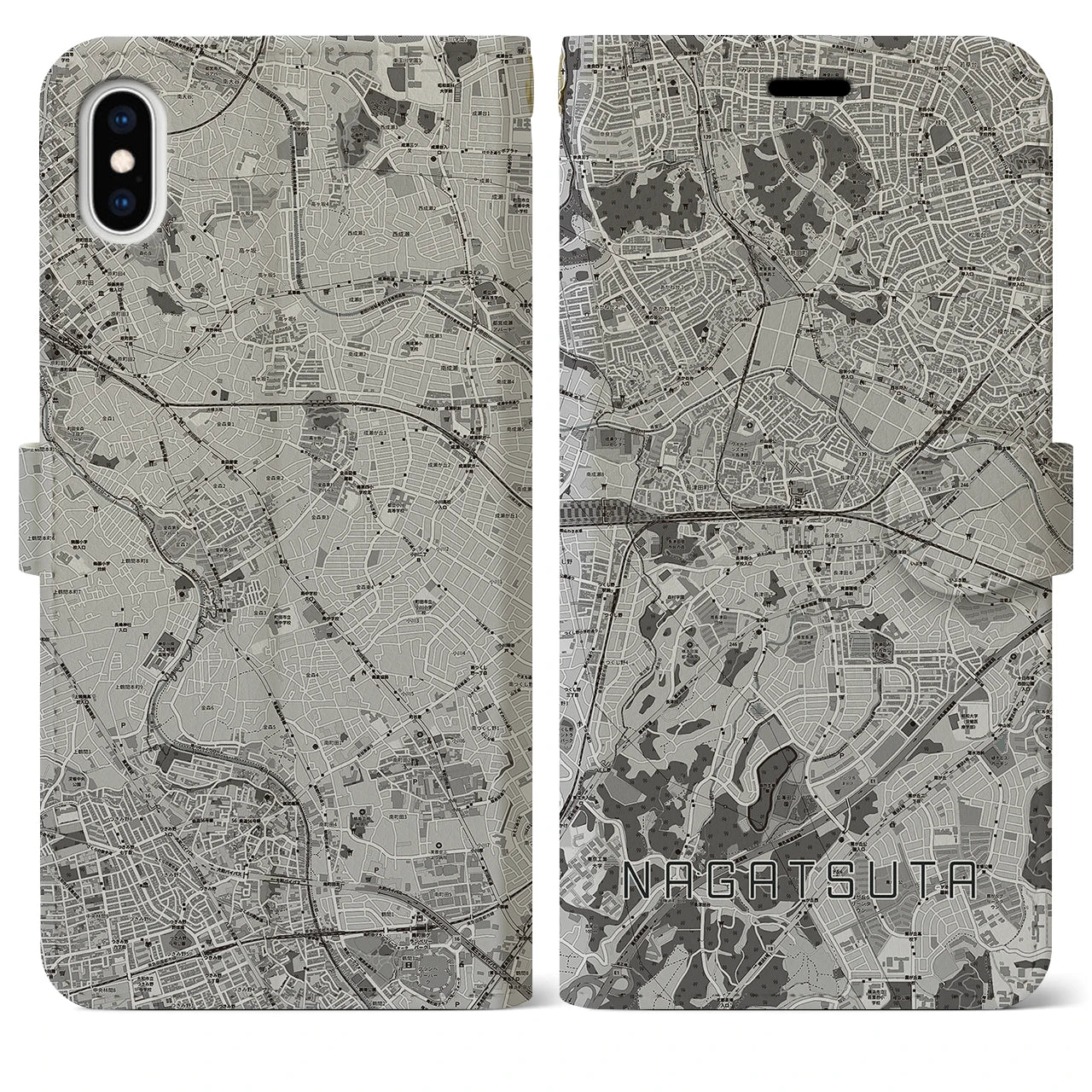 【長津田(神奈川県)】地図柄iPhoneケース(手帳タイプ)モノトーン・iPhone XS Max 用